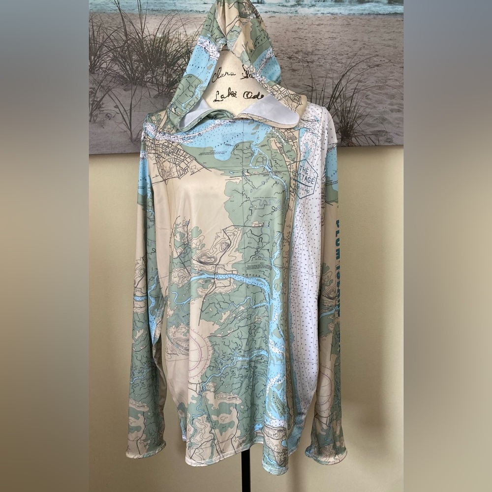 Map-Print Hooded Nautical Pullover in Seafoam & Ivory, unisex/men’s L-women’s XL